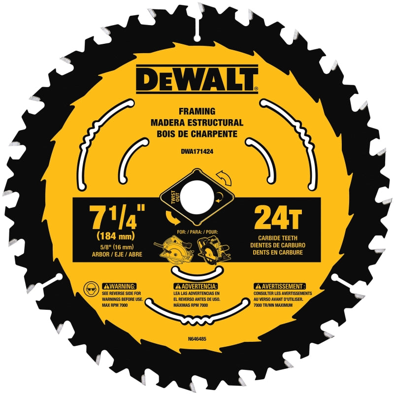 DEWALT DWA171424B10 Circular Saw Blade, 7-1/4 in Dia, 5/8 in Arbor, 24-Teeth, Tungsten Carbide Cutting Edge, Pack of 10