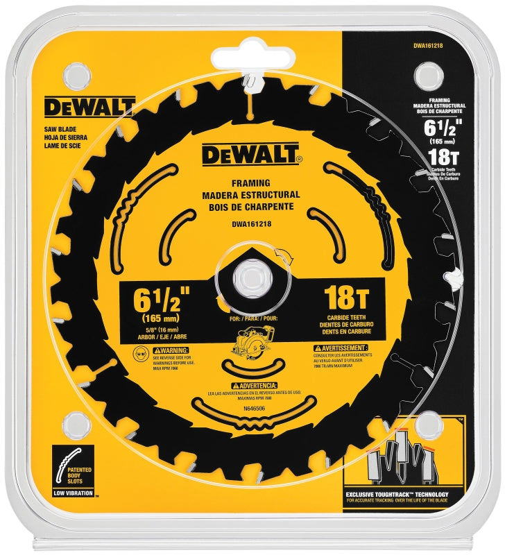 DEWALT DWA161218 Circular Saw Blade, 6-1/2 in Dia, 5/8 in Arbor, 18-Teeth