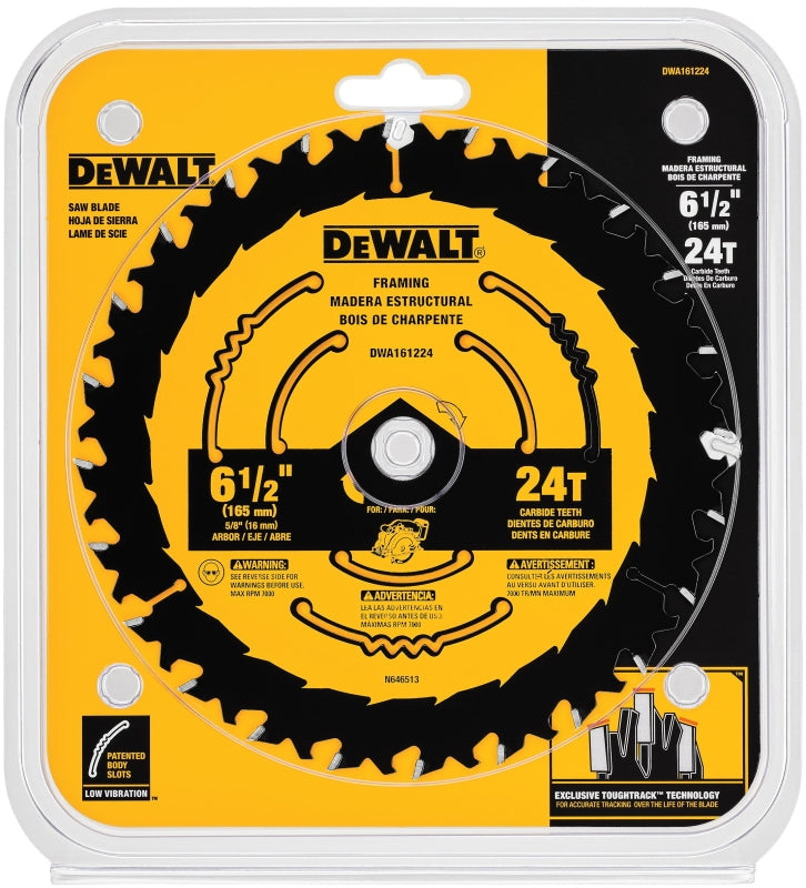 DEWALT DWA161224 Circular Saw Blade, 6-1/2 in Dia, 5/8 in Arbor, 24-Teeth, Tungsten Carbide Cutting Edge