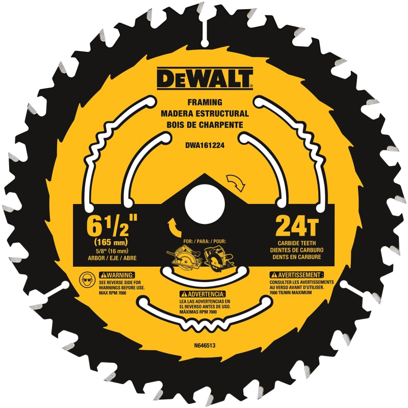 DEWALT DWA161224 Circular Saw Blade, 6-1/2 in Dia, 5/8 in Arbor, 24-Teeth, Tungsten Carbide Cutting Edge