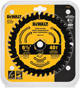 DEWALT DWA261240 Circular Saw Blade, 6-1/2 in Dia, 5/8 in Arbor, 40-Teeth, Tungsten Carbide Cutting Edge