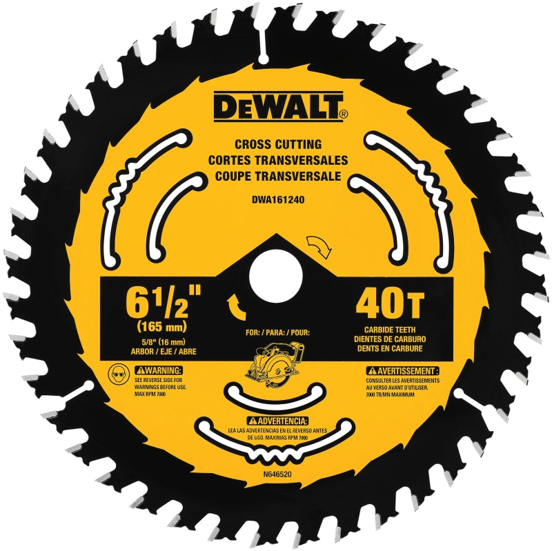 DEWALT DWA261240 Circular Saw Blade, 6-1/2 in Dia, 5/8 in Arbor, 40-Teeth, Tungsten Carbide Cutting Edge