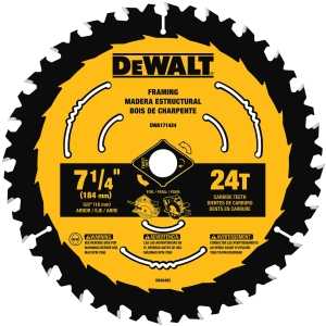 DEWALT DWA171424 Circular Saw Blade, 7-1/4 in Dia, 5/8 in Arbor, 24-Teeth, Applicable Materials: Wood, 1/PK