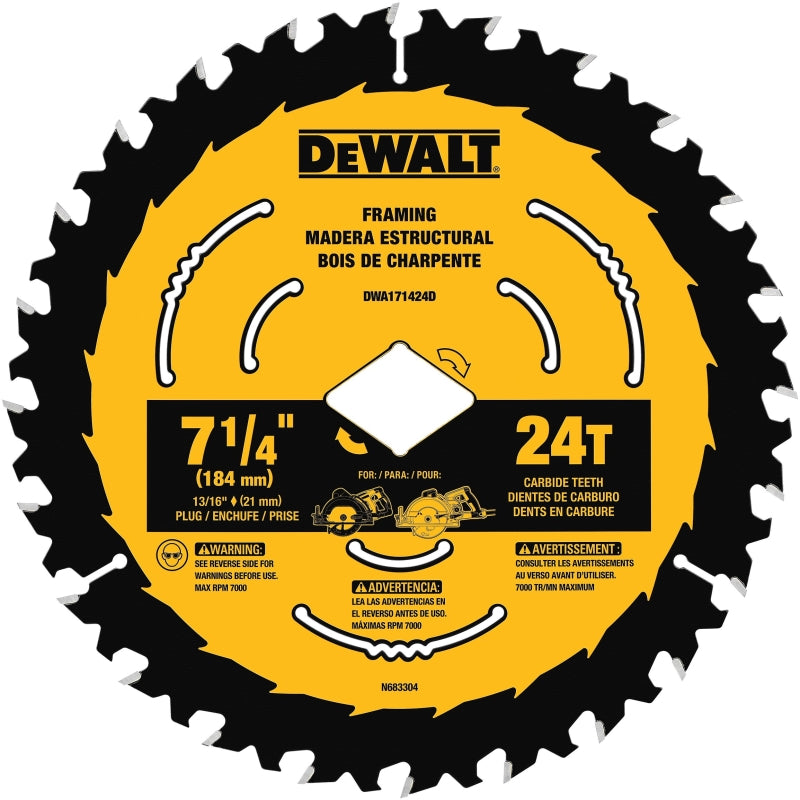 DEWALT DWA171424DB10 Circular Saw Blade, 7-1/4 in Dia, 5/8 in Arbor, 24-Teeth, Tungsten Carbide Cutting Edge, 10/PK, Pack of 10