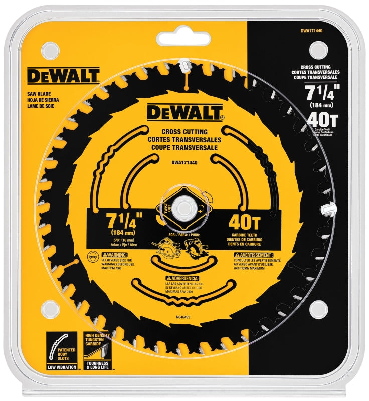 DEWALT DWA171440 Circular Saw Blade, 7-1/4 in Dia, 5/8 in Arbor, 40-Teeth, Tungsten Carbide Cutting Edge, 1/PK