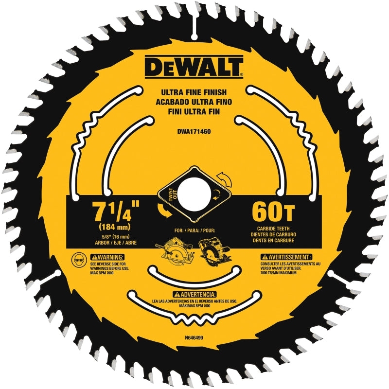 DEWALT DWA171460 Circular Saw Blade, 7-1/4 in Dia, 5/8 in Arbor, 60-Teeth, Tungsten Carbide Cutting Edge