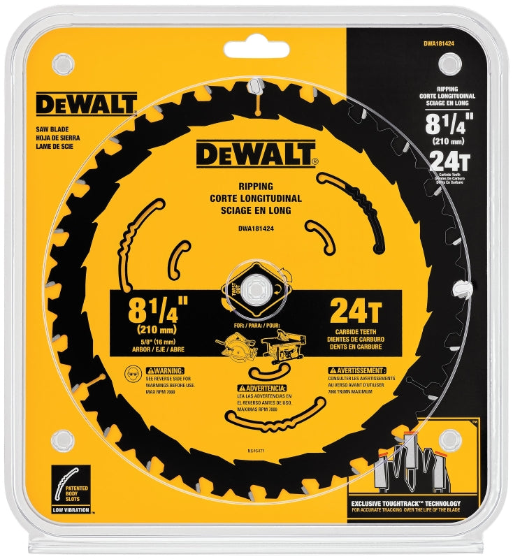 DEWALT DWA181424 Circular Saw Blade, 8-1/4 in Dia, 5/8 in Arbor, 24-Teeth, Tungsten Carbide Cutting Edge