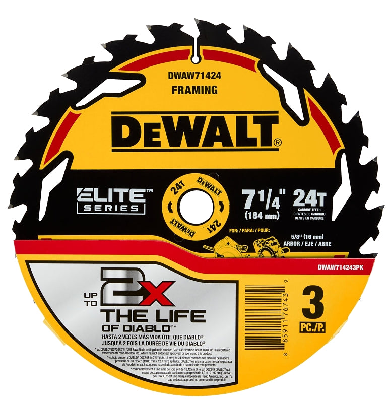 DEWALT ELITE Series DWAW714243PK Circular Saw Blade, 7-1/4 in Dia, 5/8 in Arbor, 24-Teeth, 3/PK