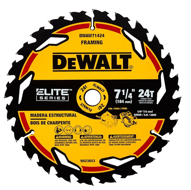 DEWALT ELITE Series DWAW71424B10 Circular Saw Blade, 7-1/4 in Dia, 5/8 in Arbor, 24-Teeth, Carbide Cutting Edge, Pack of 10