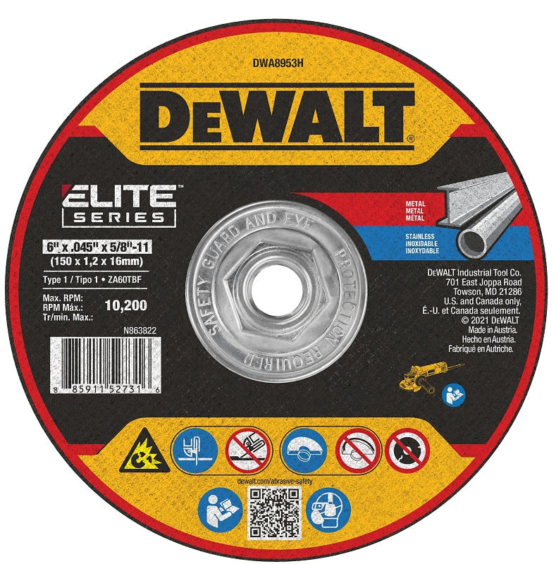 DEWALT ELITE Series DWA8953H Cutting Wheel, 6 in Dia, 0.045 in Thick, 5/8-11 Arbor, 46 Grit, Ceramic Abrasive