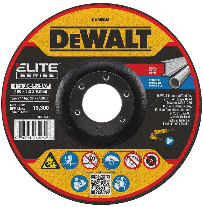 DEWALT ELITE Series DWA8956F Cutting Wheel, 4 in Dia, 0.045 in Thick, 5/8 in Arbor, 60 Grit, Zirconia Alumina Abrasive