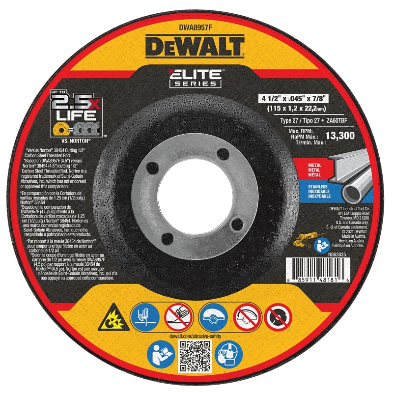 DEWALT ELITE Series DWA8957F Cutting Wheel, 5 in Dia, 0.04 in Thick, 7/8 in Arbor, Ceramic Abrasive