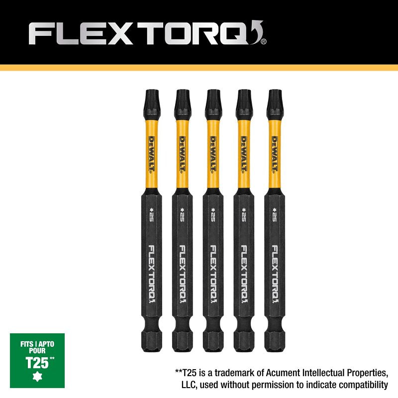 DEWALT FLEXTORQ DWAF3TX25IR5 Impact Screwdriving Bit, T25 Drive, Torx Drive, 1/4 in Shank, Hex Shank, 3-1/2 in L