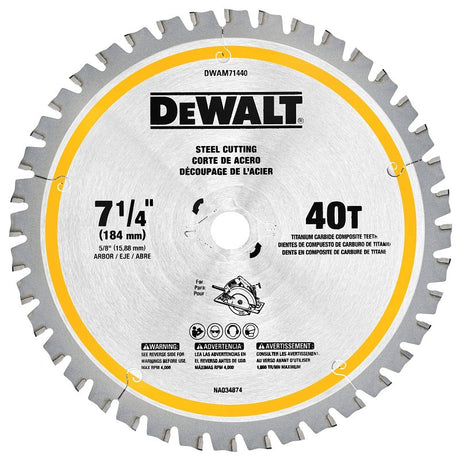 DEWALT DWAM71440 Circular Saw Blade, 7-1/4 in Dia, 5/8 in Arbor, 40-Teeth, Carbide Cutting Edge