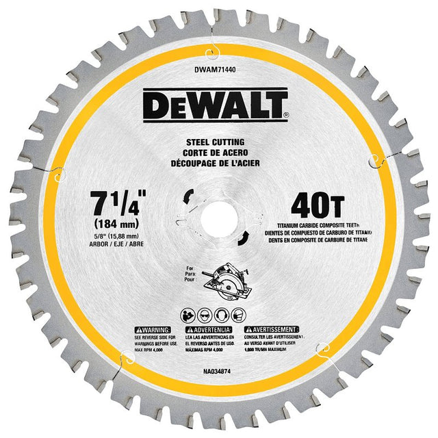 DEWALT DWAM71440 Circular Saw Blade, 7-1/4 in Dia, 5/8 in Arbor, 40-Teeth, Carbide Cutting Edge