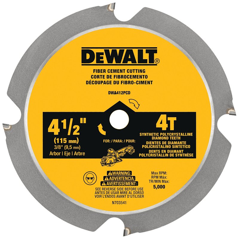 DEWALT DWA412PCD Circular Saw Blade, 4-1/2 in Dia, 3/8 in Arbor, 4-Teeth, Polycrystalline Diamond Cutting Edge