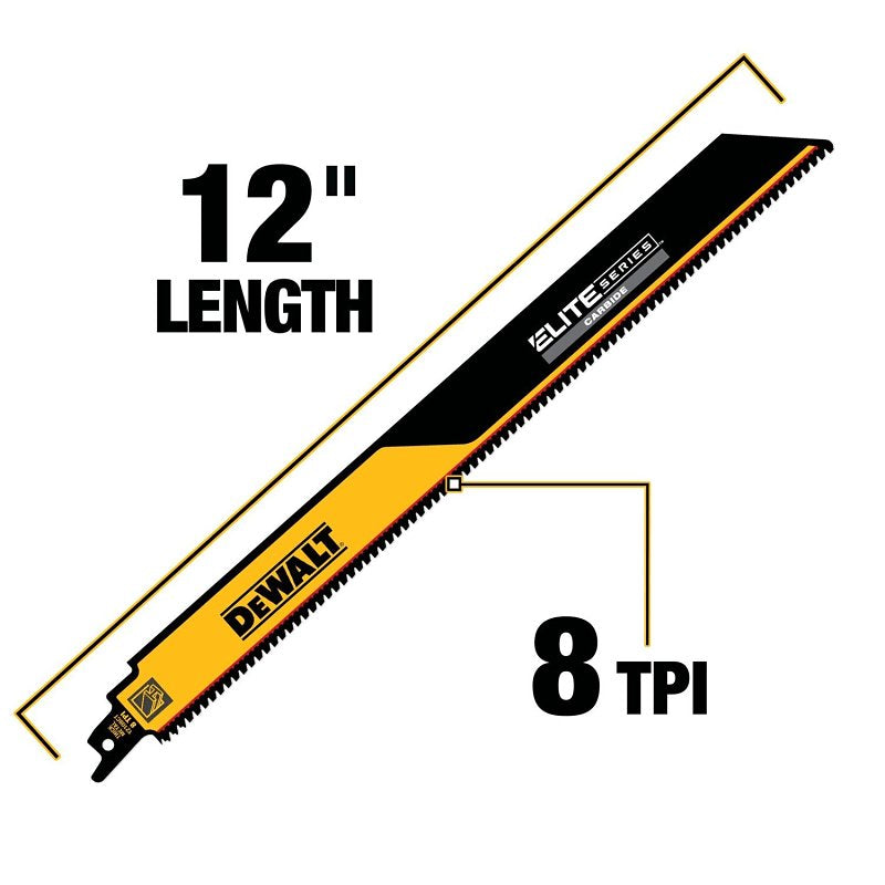 DEWALT ELITE SERIES DWAR12108CT-1 Reciprocating Saw Blade, 1 in W, 12 in L, 8 TPI, Carbide Cutting Edge