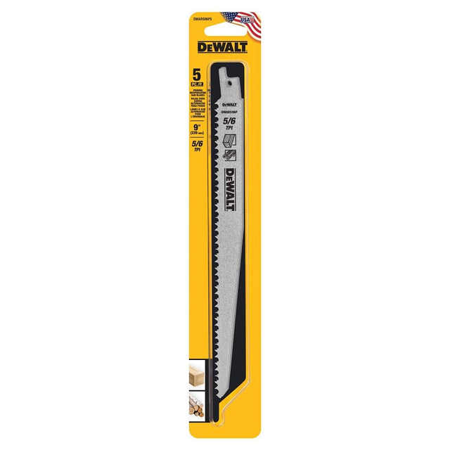 DEWALT DWAR596P5 Series Reciprocating Saw Blade, Applicable Materials: Wood, 3/4 in W, 9 in L, 6 TPI, 5/PK