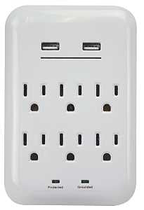 PowerZone ORUSB346S USB Charger with Surge Protection, 2-Pole, 125 V, 15 A, 6-Outlet, 1200 Joules Energy, White