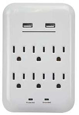 PowerZone ORUSB346S USB Charger with Surge Protection, 2-Pole, 125 V, 15 A, 6-Outlet, 1200 Joules Energy, White