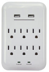 PowerZone ORUSB346S USB Charger with Surge Protection, 2-Pole, 125 V, 15 A, 6-Outlet, 1200 Joules Energy, White
