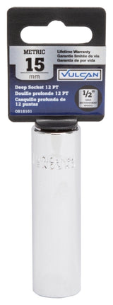 Vulcan MT6528976 Drive Socket, 15 mm Socket, 1/2 in Drive, 12-Point, Chrome Vanadium Steel, Chrome