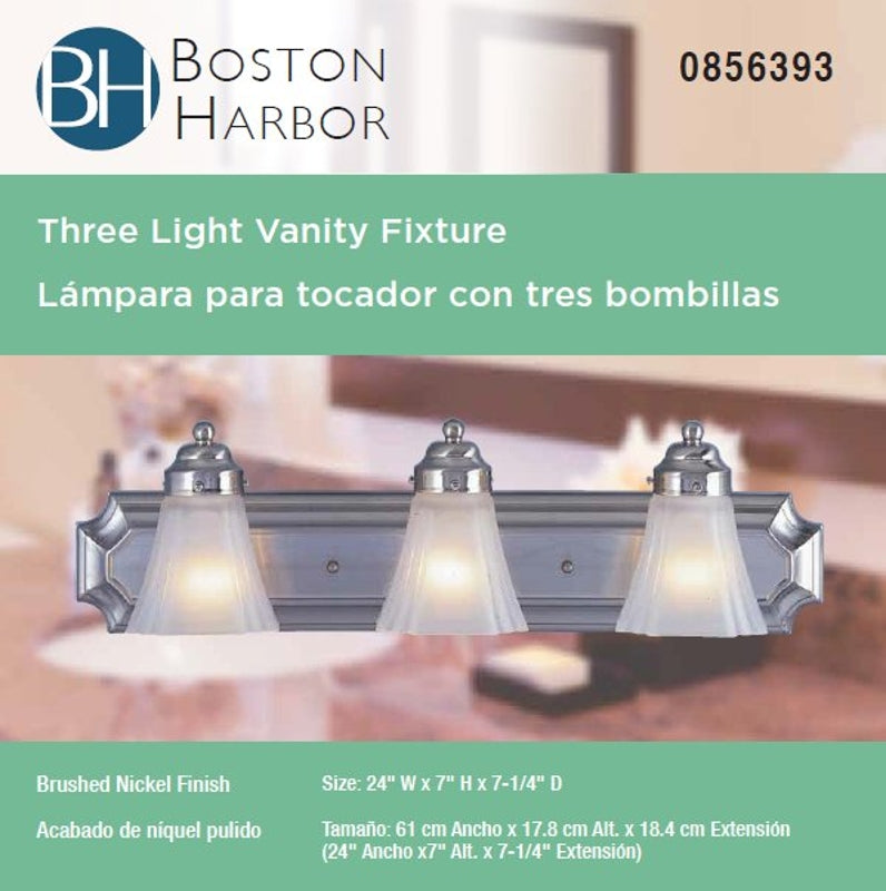Boston Harbor RF-V-044-BN Vanity Light Fixture, 60 W, 3-Lamp, A19 or CFL Lamp, Steel Fixture, Brushed Nickel Fixture