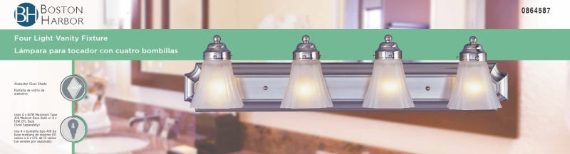 Boston Harbor RF-V-042-BN Vanity Light Fixture, 60 W, 4-Lamp, A19 or CFL Lamp, Steel Fixture, Brushed Nickel Fixture