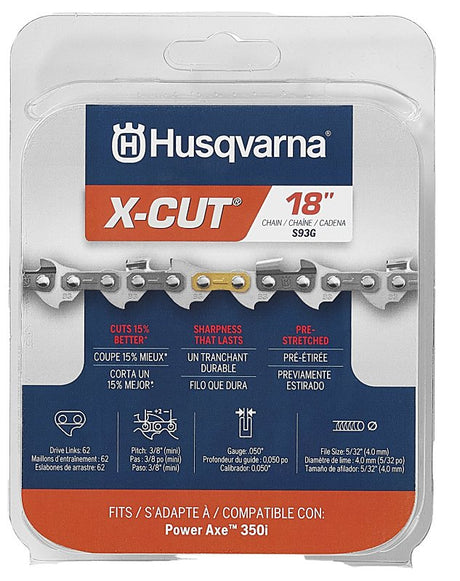 Husqvarna X-CUT S93G 597469562 Chainsaw Chain, Semi Chisel Chain, 18 in L Bar, 0.05 ga Gauge, 3/8 in TPI/Pitch