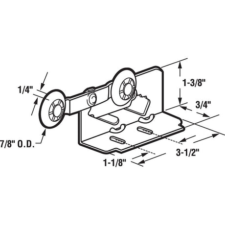Prime-Line N 6531 Roller Assembly, 7/8 in Dia Roller, 1/4 in W Roller, Steel, Silver, 2-Roller, 75 lb, Top Mounting