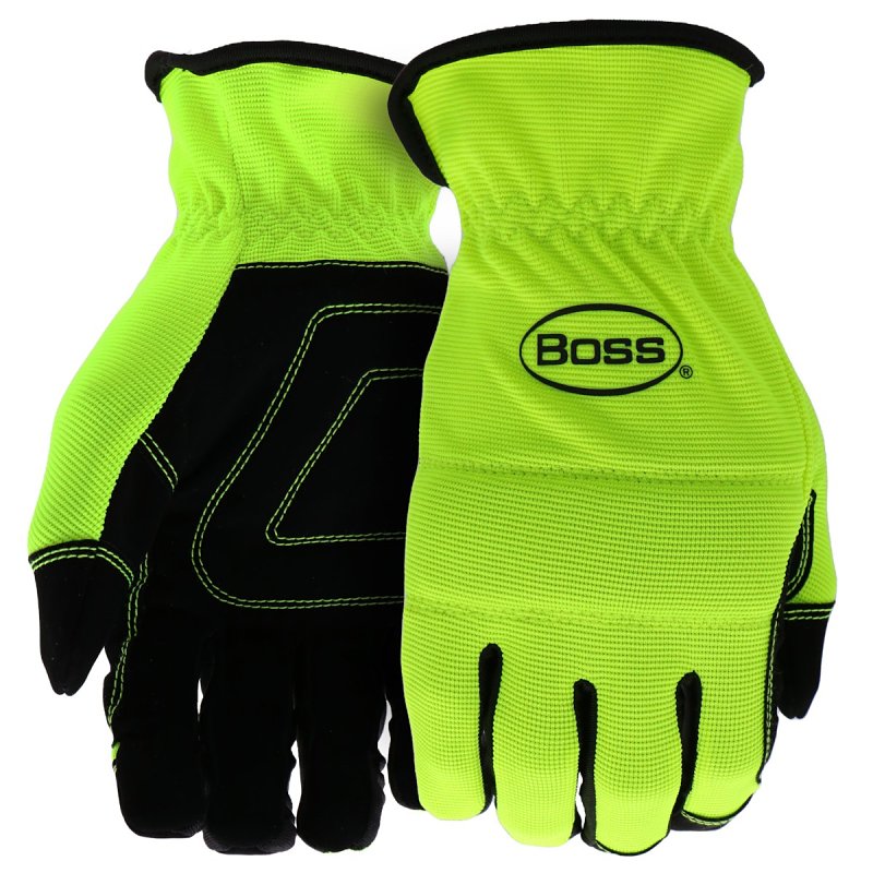 Boss Task Series B52121-L Mechanic's Gloves, L, Reinforced Thumb, Slip-On Cuff, Synthetic Leather, Hi-Viz Yellow