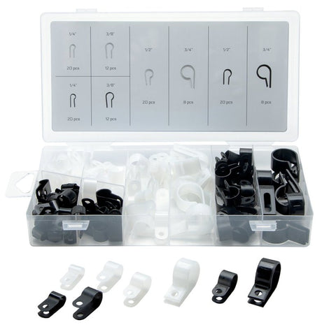 ProSource 60279 Nylon Cable Clamp Assortment, 1/4, 3/8, 1/2, 3/4 in Max Bundle Dia, Nylon, Black/White