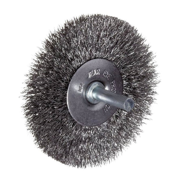 Weiler 36011 Wire Wheel Brush, 3 in Dia, 1/4 in Arbor/Shank, Crimped Bristle, 0.014 in Dia Bristle