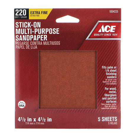 Ace 4.5 in. L X 4.5 in. W 220 Grit Aluminum Oxide Sandpaper 5 pk, Pack of 5