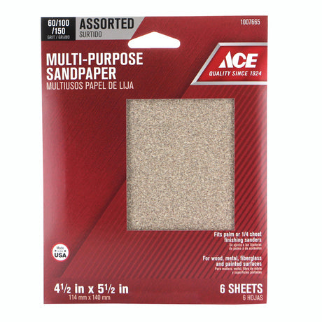 Ace 5.5 in. L X 4.5 in. W Assorted Grit Aluminum Oxide Sanding Sheet 6 pk, Pack of 10