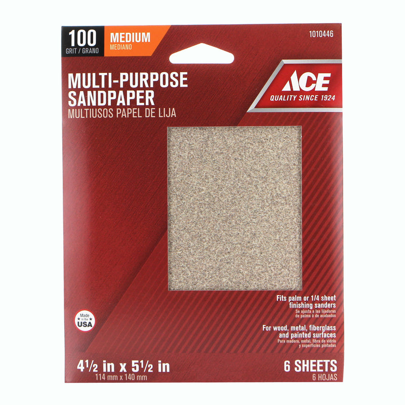 Ace 5-1/2 in. L X 4-1/2 in. W 100 Grit Aluminum Oxide 1/4 Sheet Sandpaper 6 pk, Pack of 10