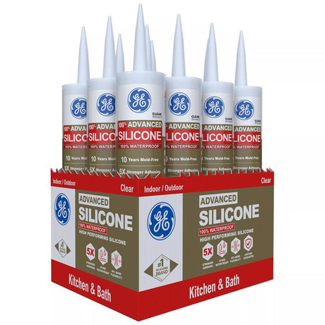 GE Advanced Clear Silicone 2 Kitchen and Bath Caulk Sealant 10.1 oz, Pack of 12
