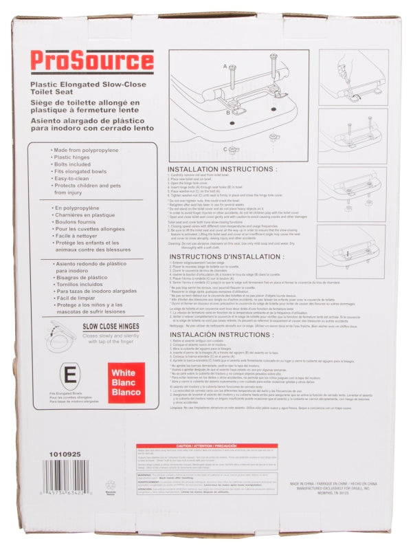 ProSource Q-019-WH Toilet Seat, Elongated, Polypropylene, White, Plastic Hinge Hinge