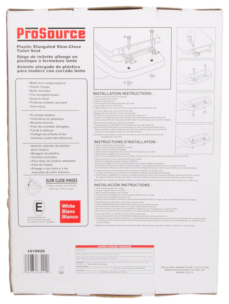 ProSource Q-019-WH Toilet Seat, Elongated, Polypropylene, White, Plastic Hinge Hinge