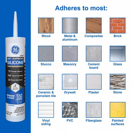 GE Supreme Clear Silicone Window and Door Sealant 10.1 oz, Pack of 12