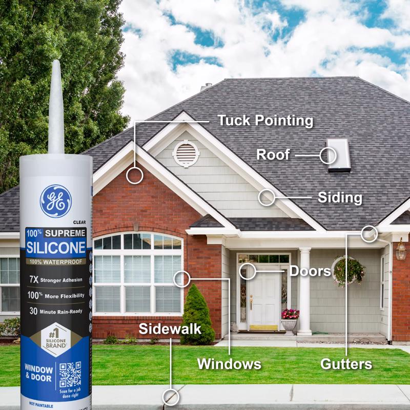 GE Supreme Clear Silicone Window and Door Sealant 10.1 oz, Pack of 12