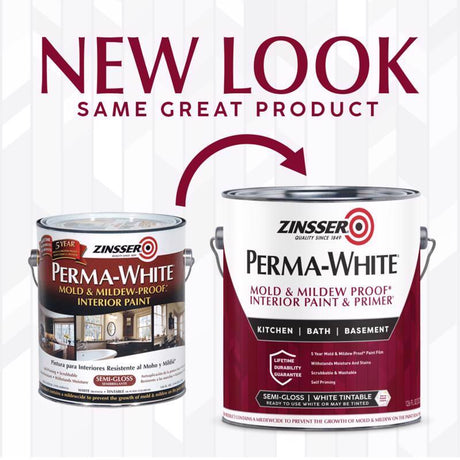 Zinsser Perma-White Semi-Gloss White Water-Based Mold and Mildew-Proof Paint Interior 1 gal, Pack of 2