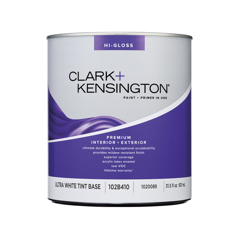 Clark+Kensington High-Gloss Tint Base Ultra White Base Premium Paint Exterior and Interior 1 qt, Pack of 4