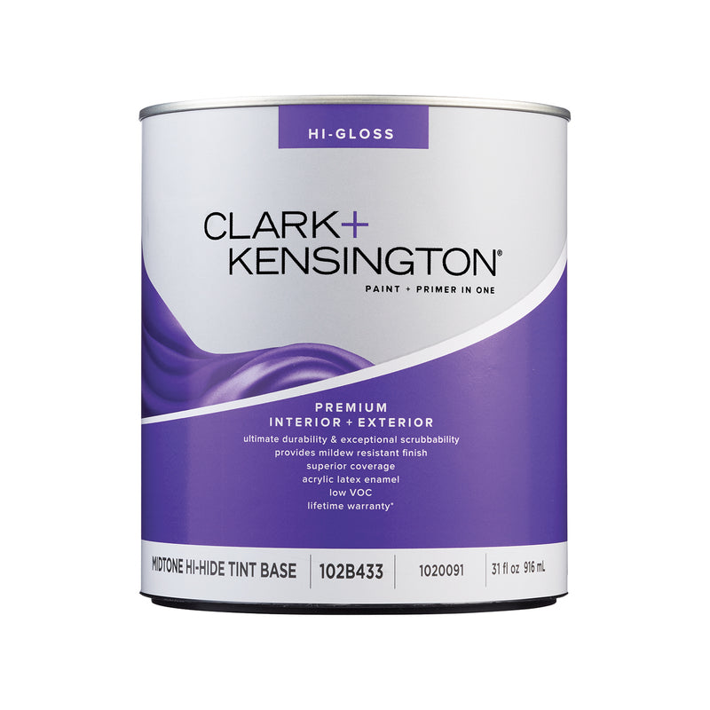 Clark+Kensington High-Gloss Tint Base Mid-Tone Base Premium Paint Exterior and Interior 1 qt, Pack of 4