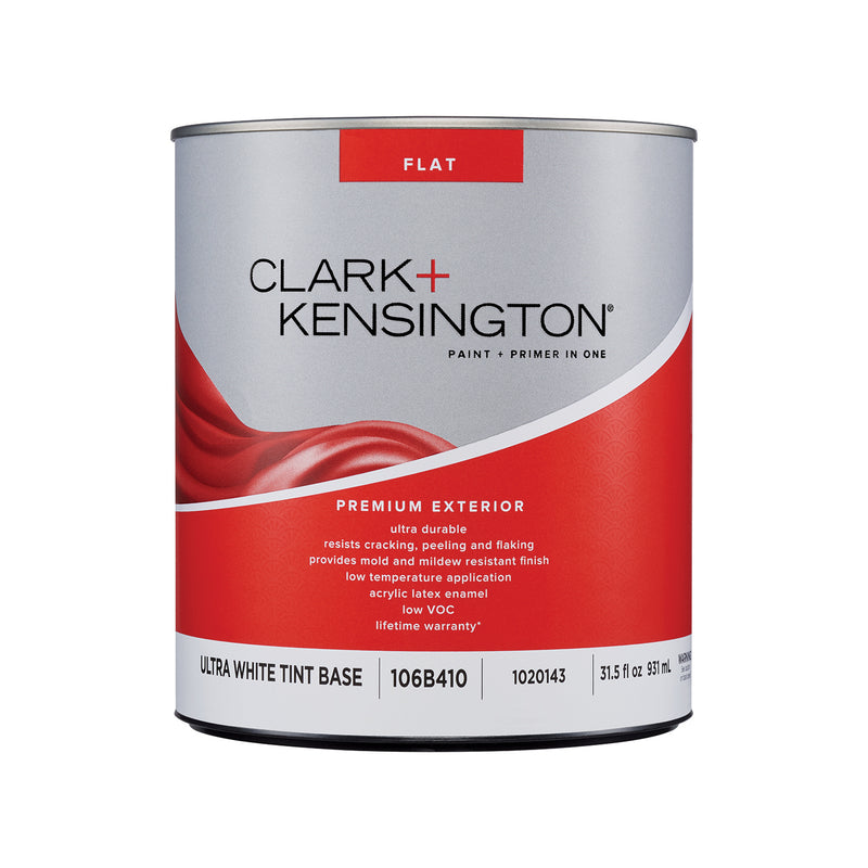Clark+Kensington Flat Tint Base Ultra White Base Exterior Paint and Primer Exterior 1 qt, Pack of 4