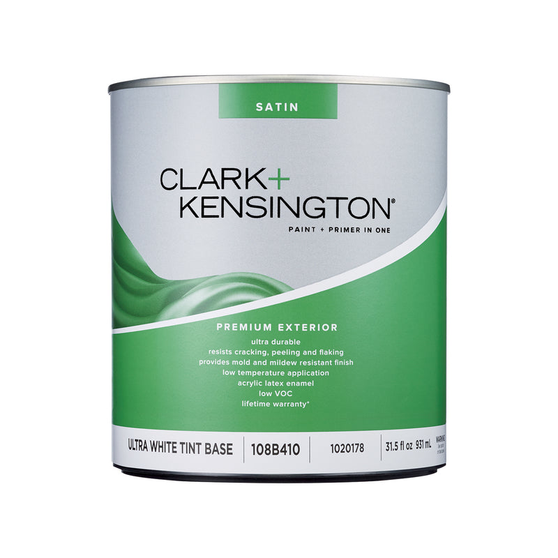 Clark+Kensington Satin Tint Base Ultra White Base Exterior Paint and Primer Exterior 1 qt, Pack of 4