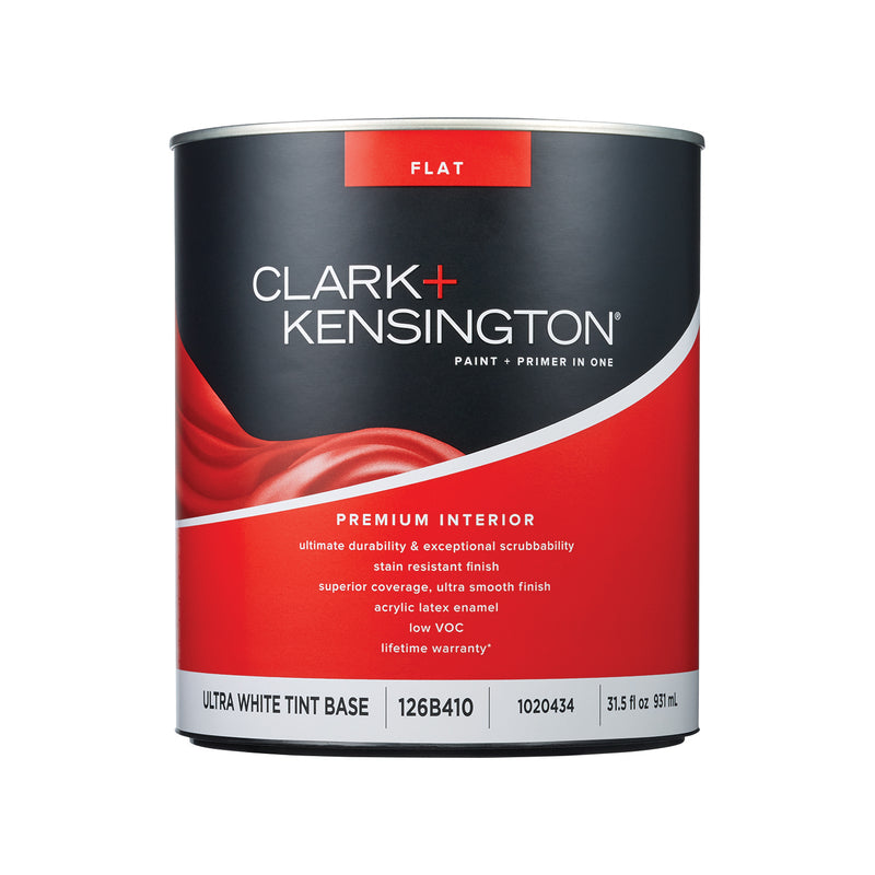 Clark+Kensington Flat Tint Base Ultra White Base Premium Paint Interior 1 qt, Pack of 4