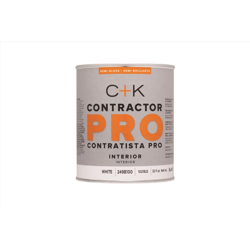 C+K Contractor Pro Semi-Gloss White Water-Based Paint Interior 32 oz, Pack of 4