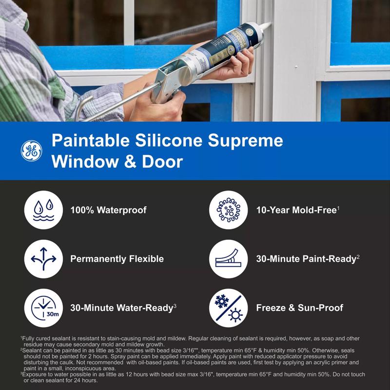 GE White Supreme Silicone Window and Door Caulk Sealant 9.5 oz, Pack of 12