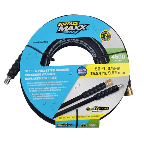 SurfaceMaxx 3/8 in. D X 50 ft. L Steel and Polyester Braided Pressure Washer Hose 4500 psi